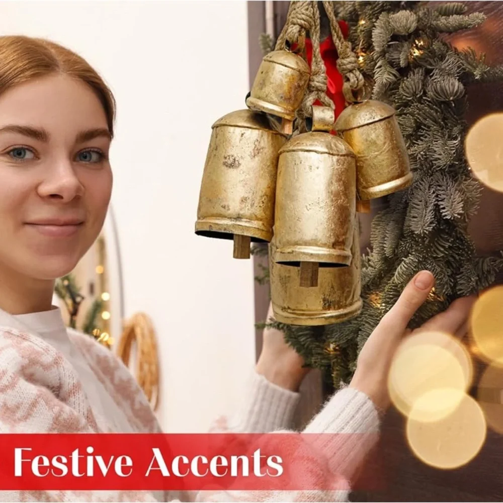 Akatva Large Brass Cow Bells 
Rustic Christmas Decor 5 pc Set
Vintage Gold Bells - Picture 3 of 12